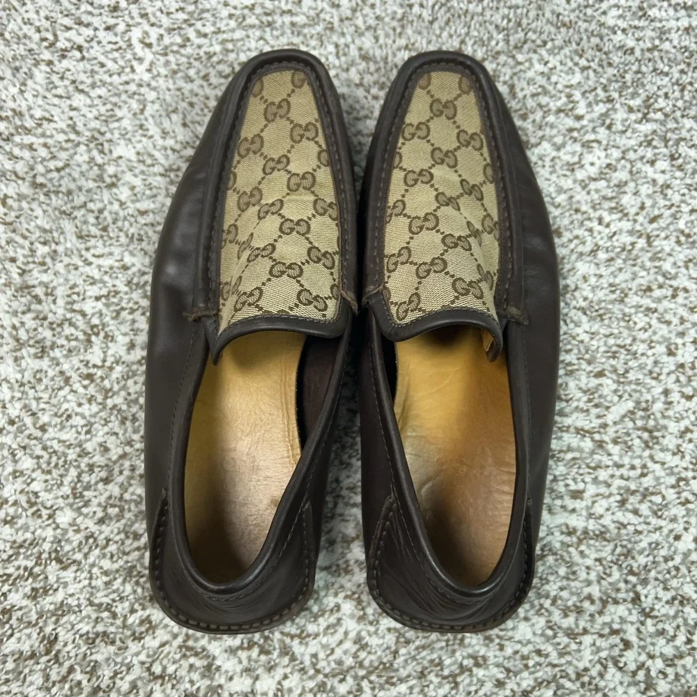 Gucci Mens Shoes Size 7.5 Brown Leather Canvas Loafers Slip On GG Monogram Italy